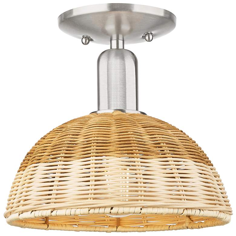 Image 1 Downtown Ballston Dome 9"W Satin Nickel Semi-Flush w/ Basketweave Shade
