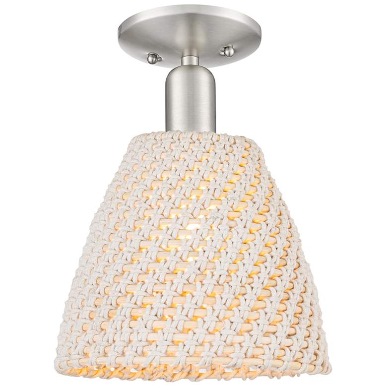 Image 1 Downtown Ballston Dome 9"W Satin Nickel Semi-Flush w/ Natural Shade