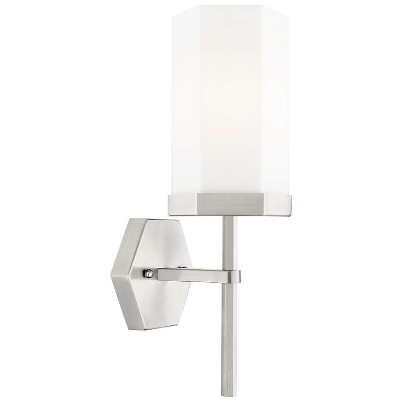 Image 1 Downtown Blakeley 15 "H Satin Nickel Wall Sconce w/ White Shade
