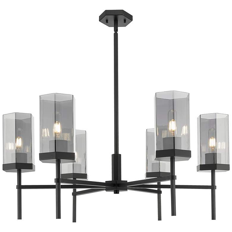 Image 1 Downtown Blakeley 32"W 6 Light Black Chandelier w/ Light Smoke Shade