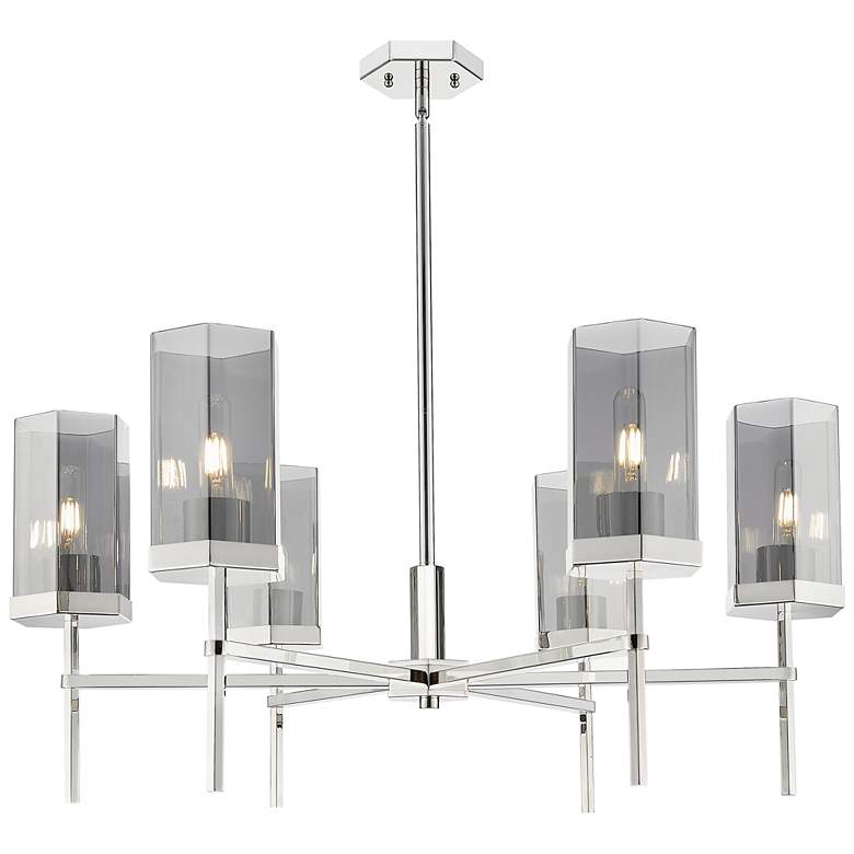 Image 1 Downtown Blakeley 32"W 6 Light Nickel Chandelier w/ Light Smoke Shade