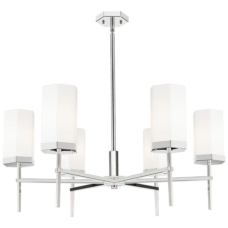 Image 1 Downtown Blakeley 32"W 6 Light Nickel Chandelier w/ White Shade