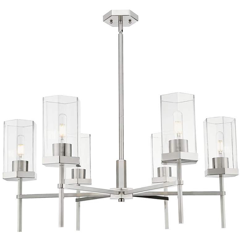 Image 1 Downtown Blakeley 32"W 6 Light Satin Nickel Chandelier w/ Clear Shade
