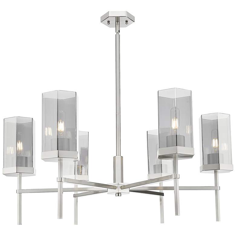 Image 1 Downtown Blakeley 32"W 6 Light Satin Nickel Chandelier w/ Light Smoke Shade