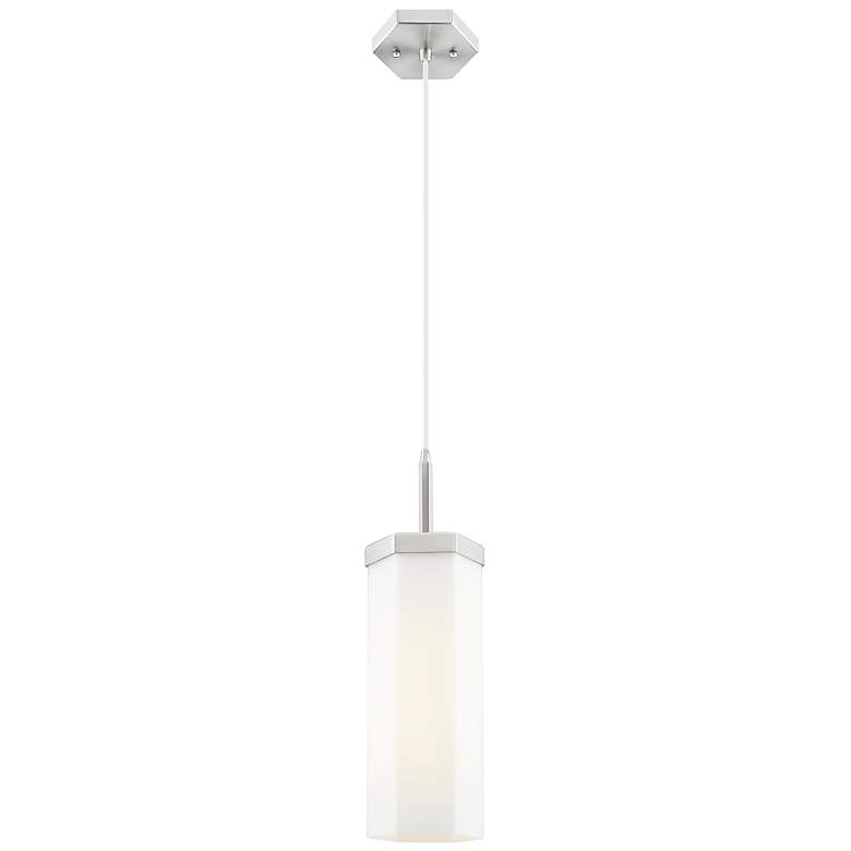 Image 1 Downtown Blakeley 5"W Cord Satin Nickel Pendant w/ White Shade