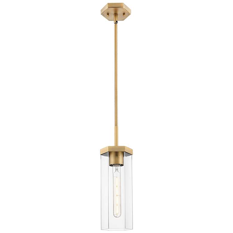 Image 1 Downtown Blakeley 5"W Stem Brushed Brass Pendant w/ Clear Shade