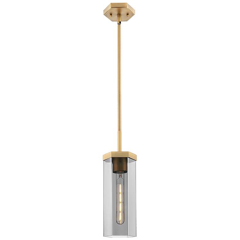 Image 2 Downtown Blakeley 5"W Stem Brushed Brass Pendant w/ Light Smoke Shade