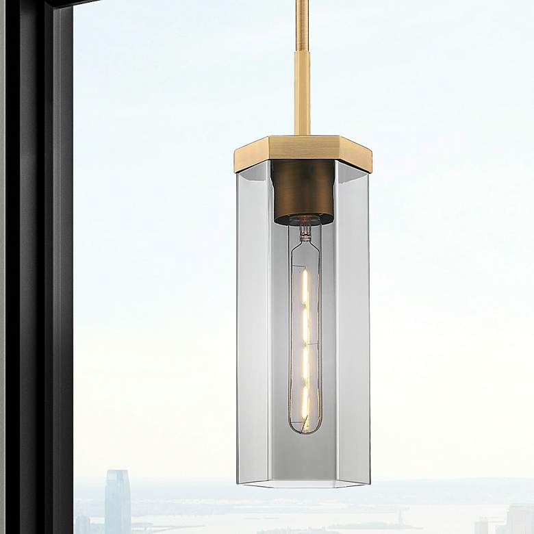 Image 1 Downtown Blakeley 5"W Stem Brushed Brass Pendant w/ Light Smoke Shade