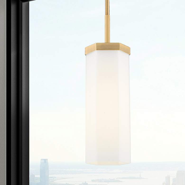 Image 1 Downtown Blakeley 5"W Stem Brushed Brass Pendant w/ White Shade