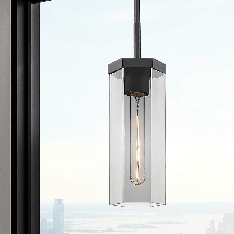 Image 1 Downtown Blakeley 5"W Stem Matte Black Pendant w/ Light Smoke Shade