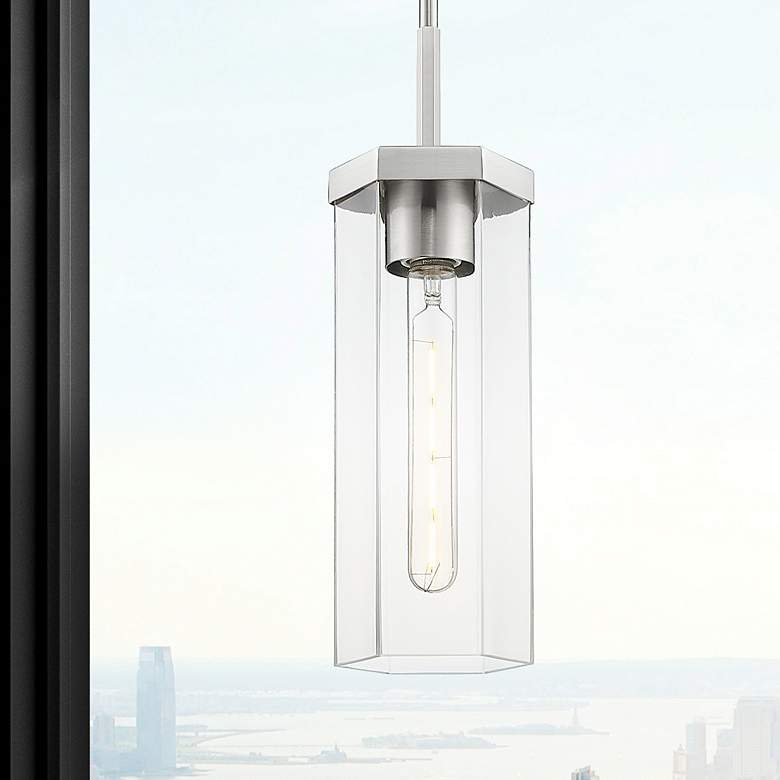 Image 1 Downtown Blakeley 5"W Stem Satin Nickel Pendant w/ Clear Shade