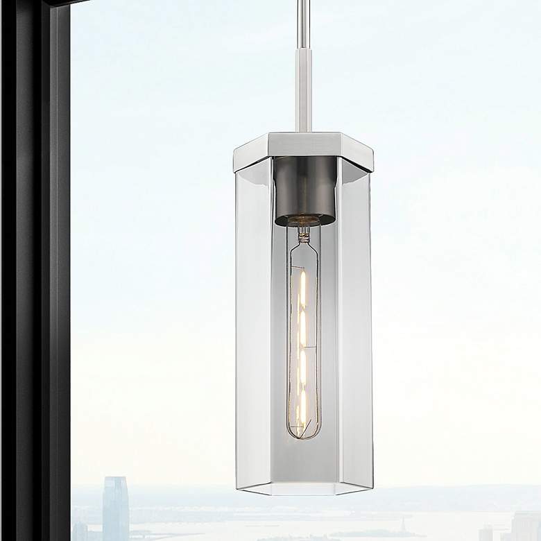 Image 1 Downtown Blakeley 5"W Stem Satin Nickel Pendant w/ Light Smoke Shade