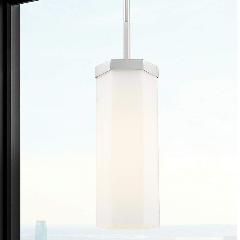 Image 1 Downtown Blakeley 5"W Stem Satin Nickel Pendant w/ White Shade