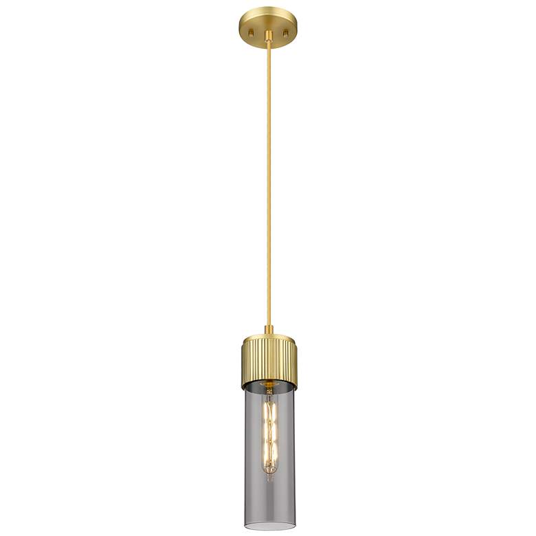 Image 1 Downtown Bolivar 5"W Cord Brushed Brass Pendant w/ Light Smoke Shade