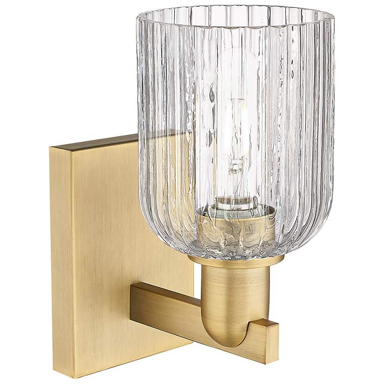 Image 2 Downtown Bridal Veil 11 "H Brass Wall Sconce w/ Clear Deco Swirl Shade more views