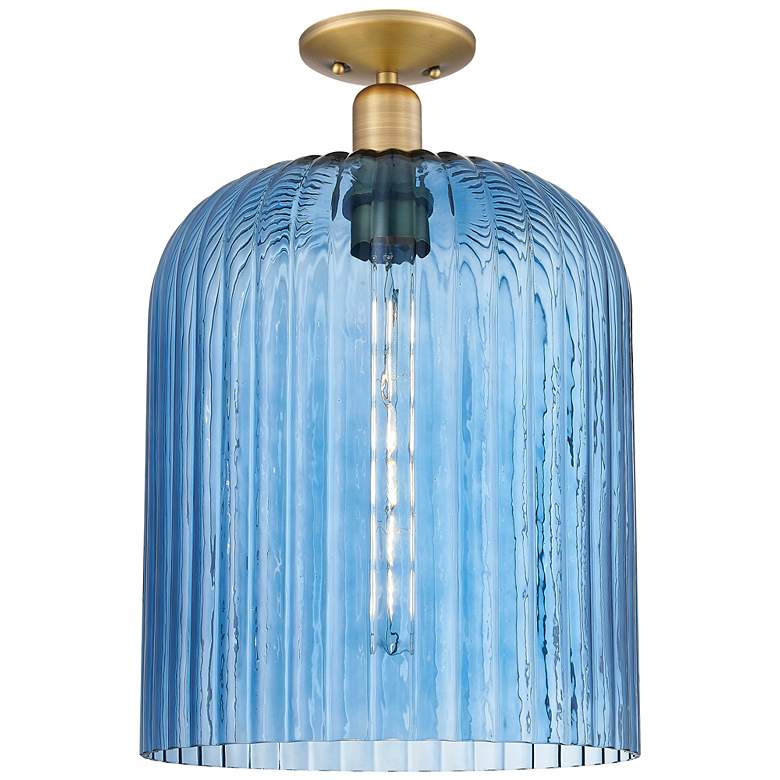 Image 1 Downtown Bridal Veil 12"W Brushed Brass Semi Flush Mount w/ Blue Shade