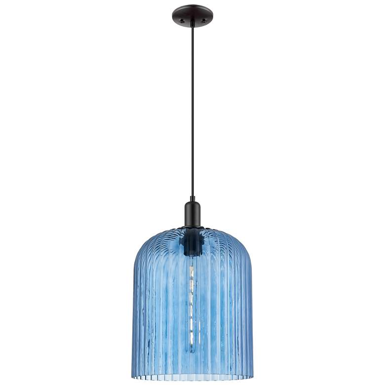 Image 1 Downtown Bridal Veil 12"W Cord Matte Black Mini Pendant w/ Blue Shade