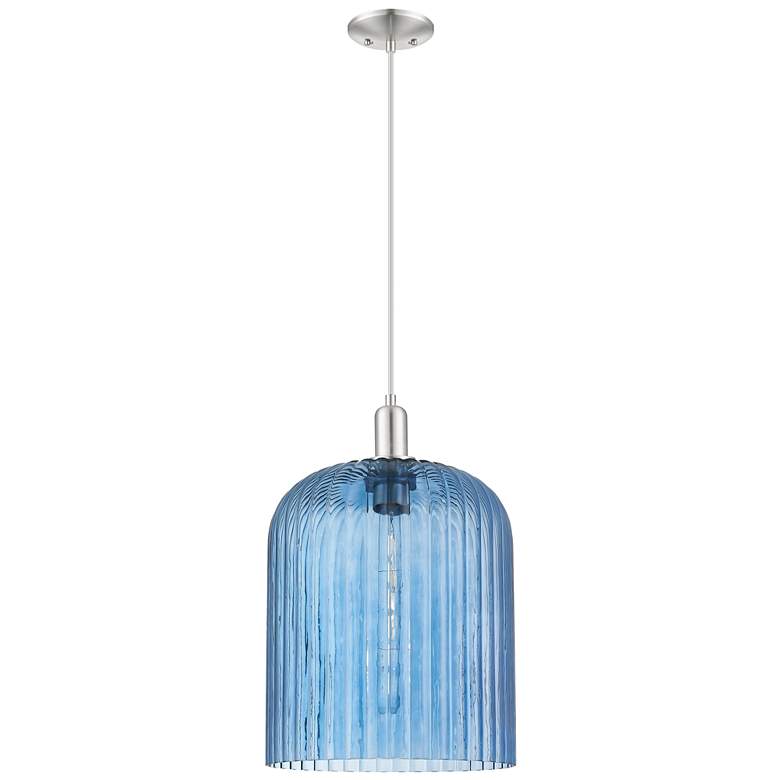 Image 1 Downtown Bridal Veil 12"W Cord Satin Nickel Mini Pendant w/ Blue Shade