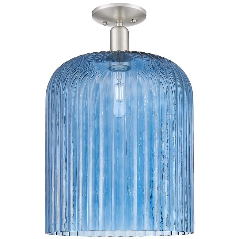 Image 1 Downtown Bridal Veil 12"W Satin Nickel Semi Flush Mount w/ Blue Shade