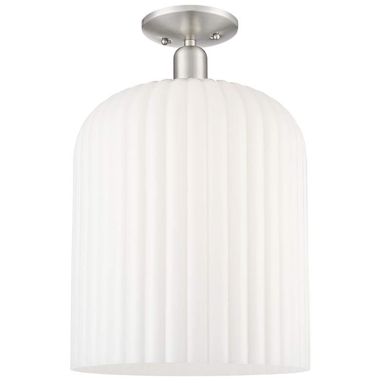 Image 1 Downtown Bridal Veil 12"W Satin Nickel Semi-Flush w/ Gloss White Shade