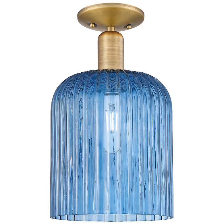 Image 1 Downtown Bridal Veil 8"W Brass Semi Flush Mount w/ Blue Swirl Shade