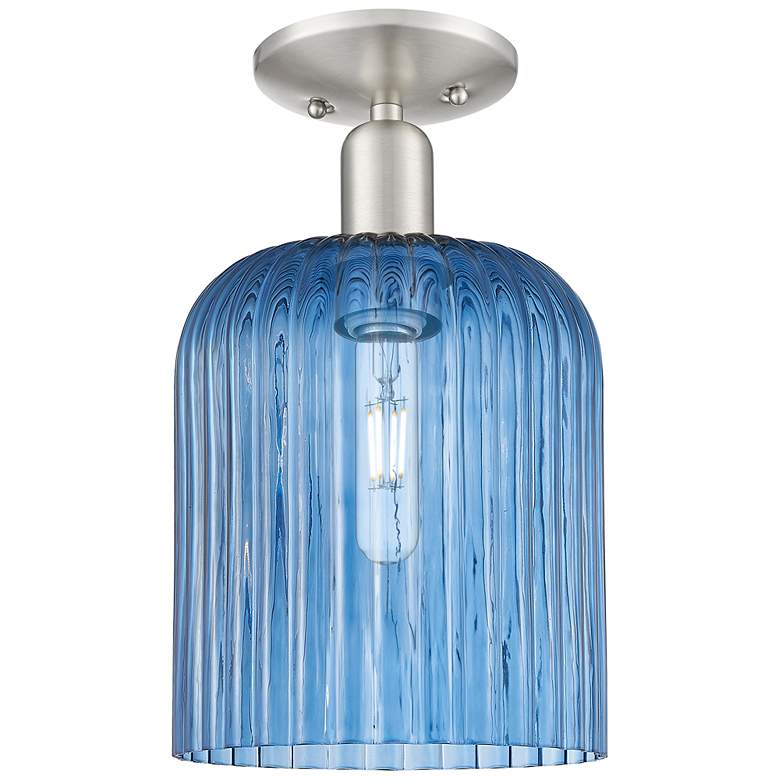 Image 1 Downtown Bridal Veil 8"W Satin Nickel Semi-Flush w/ Blue Swirl Shade
