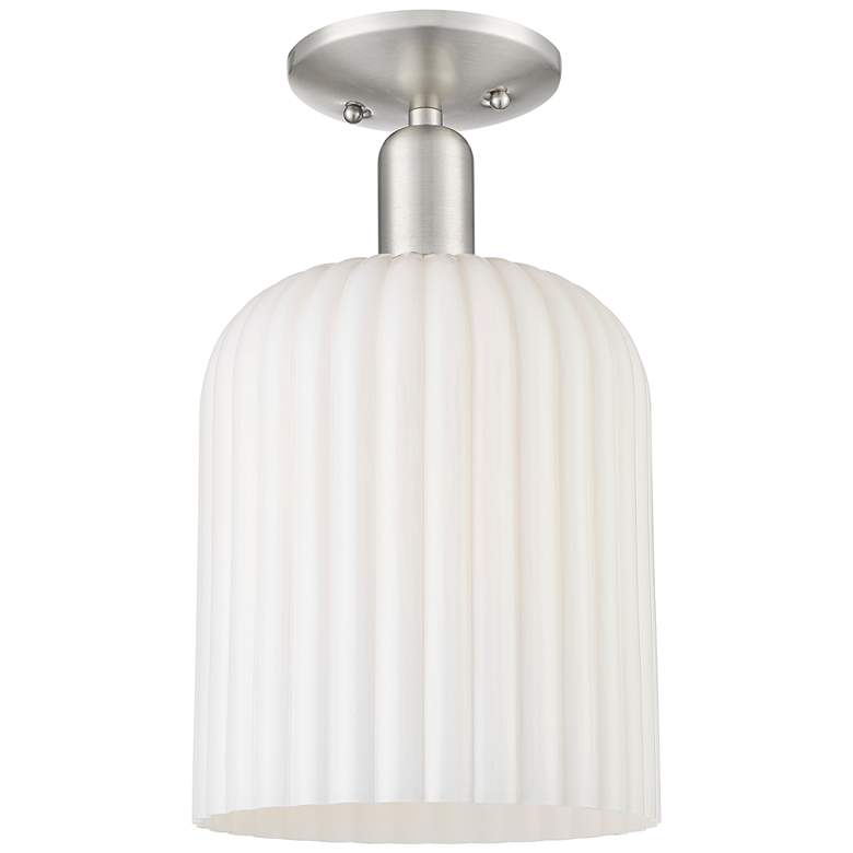 Image 1 Downtown Bridal Veil 8"W Satin Nickel Semi-Flush w/ White Swirl Shade