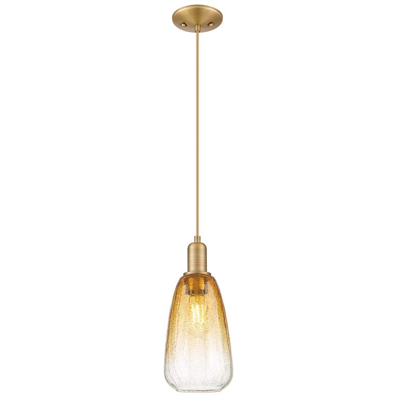 Image 1 Downtown Brookhaven Almond 6"W Cord Brass Mini Pendant w/ Amber Shade