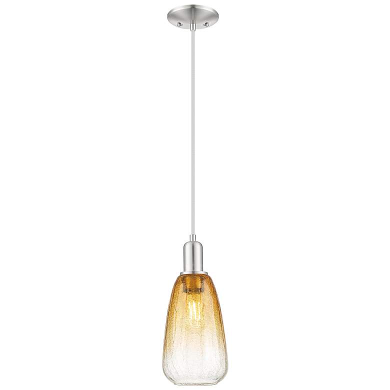 Image 1 Downtown Brookhaven Almond 6"W Cord Satin Nickel Pendant w/ Amber Shade