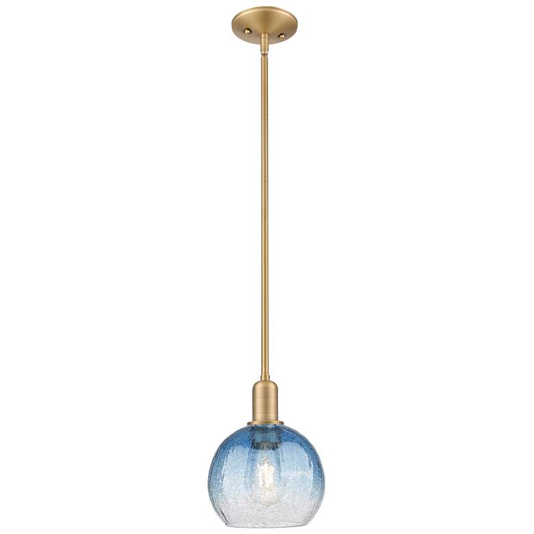 Image 1 Downtown Brookhaven Globe 8"W Brass Mini Pendant w/ Sapphire Shade