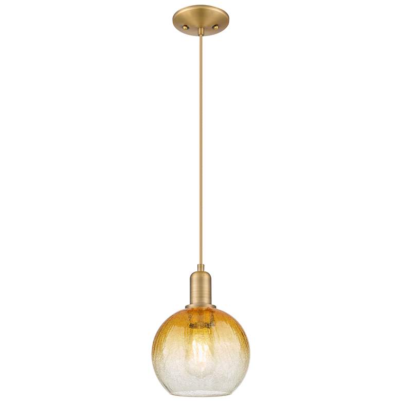 Image 1 Downtown Brookhaven Globe 8"W Cord Brass Mini Pendant w/ Amber Shade