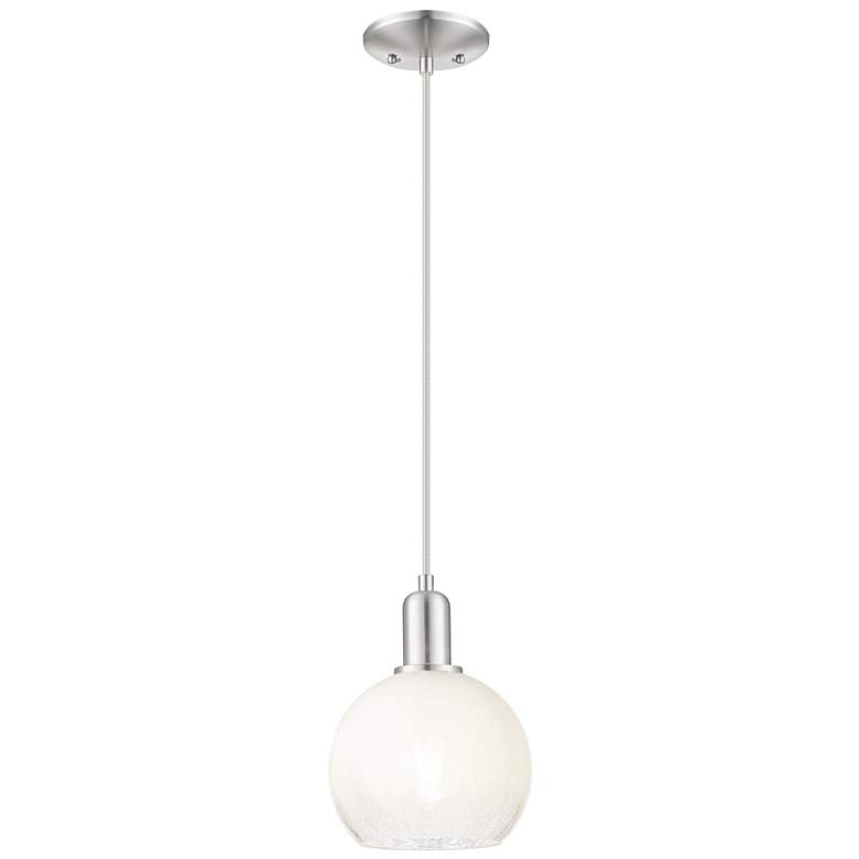 Image 1 Downtown Brookhaven Globe 8"W Cord Satin Nickel Pendant w/ Opal Shade