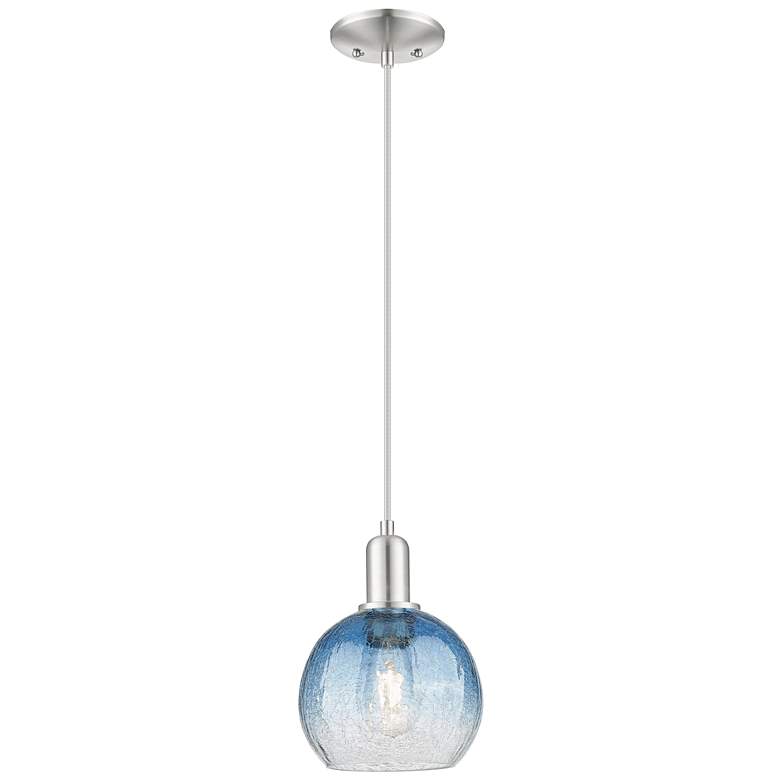 Image 1 Downtown Brookhaven Globe 8"W Cord Satin Nickel Pendant w/ Sapphire Shade