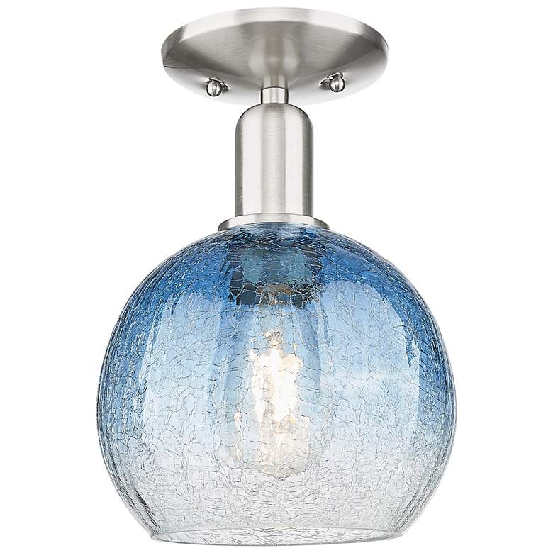 Image 1 Downtown Brookhaven Globe 8"W Satin Nickel Semi-Flush w/ Sapphire Shade