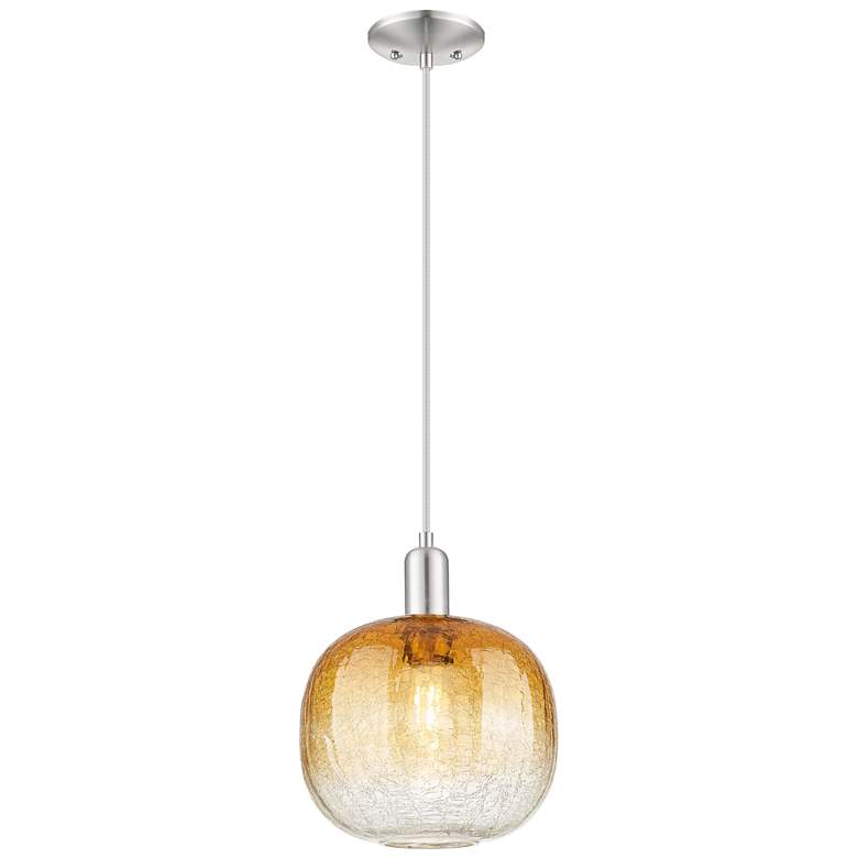 Image 1 Downtown Brookhaven Sphere 10"W Cord Satin Nickel Pendant w/ Amber Shade
