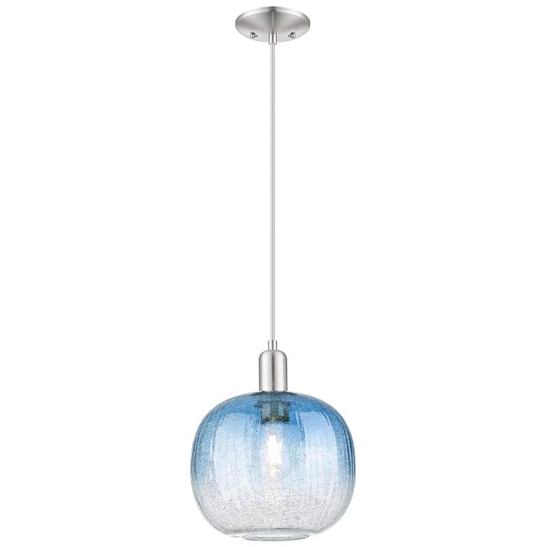 Image 1 Downtown Brookhaven Sphere 10"W Cord Satin Nickel Pendant w/ Sapphire Shade