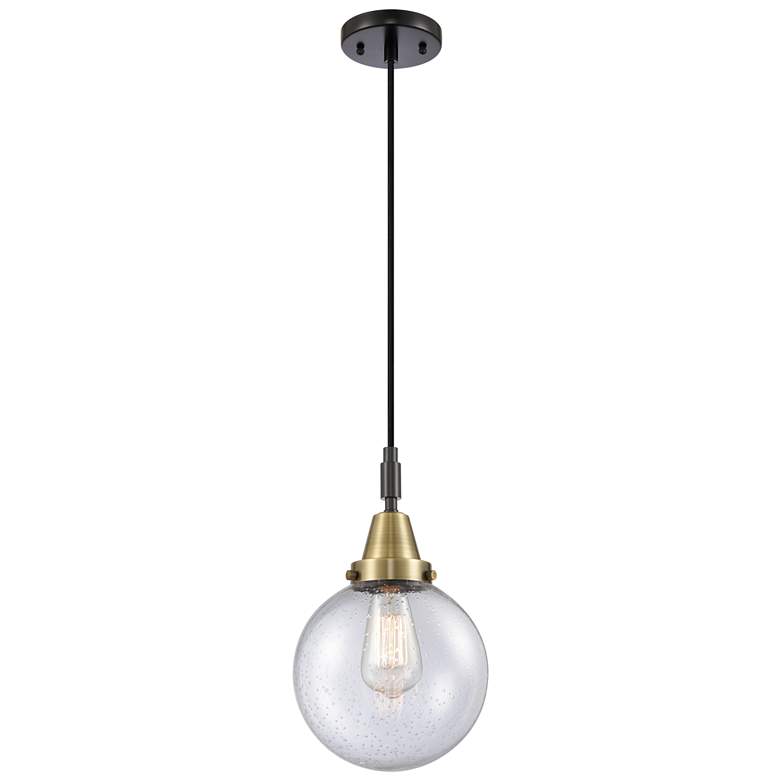 Image 1 Downtown Caden Beacon 8"W Cord Black Brass Mini Pendant w/ Seedy Shade