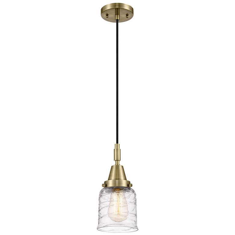 Image 1 Downtown Caden Bell 5"W Cord Antique Brass Pendant w/ Clear Swirl Shade