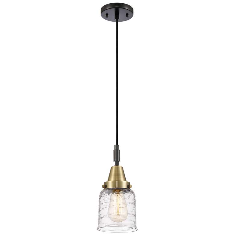 Image 1 Downtown Caden Bell 5"W Cord Black Brass Pendant w/ Clear Swirl Shade