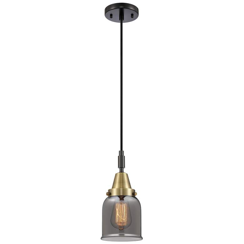 Image 1 Downtown Caden Bell 5"W Cord Black Brass Pendant w/ Light Smoke Shade