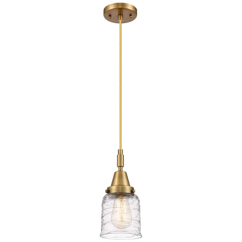 Image 1 Downtown Caden Bell 5"W Cord Brass Mini Pendant w/ Clear Swirl Shade