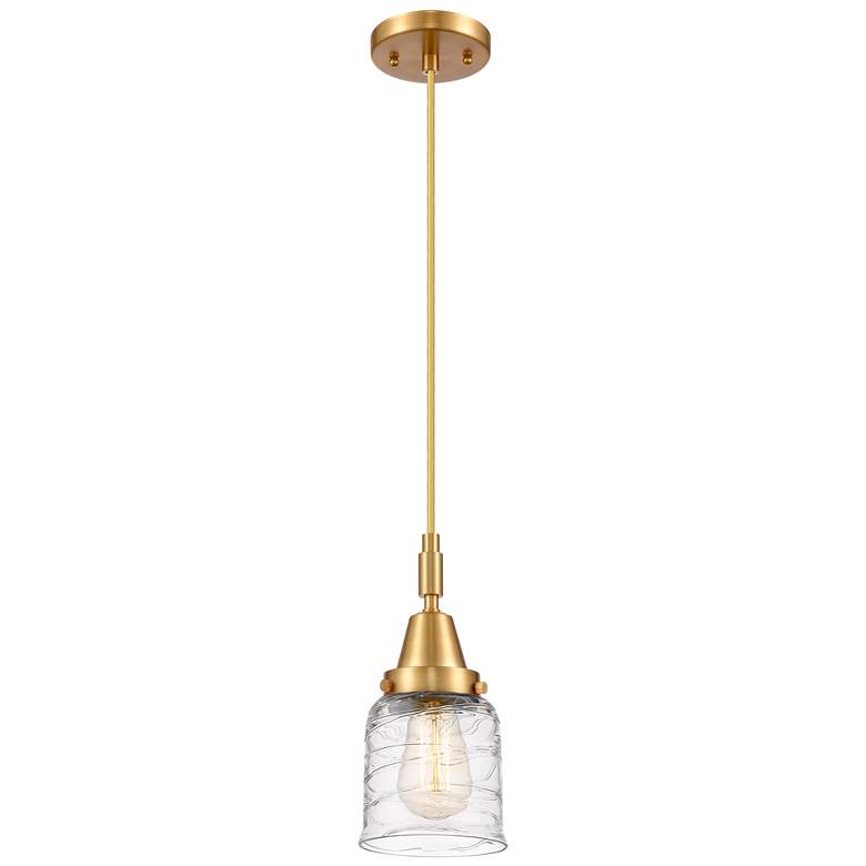 Image 1 Downtown Caden Bell 5"W Cord Satin Gold Pendant w/ Clear Swirl Shade