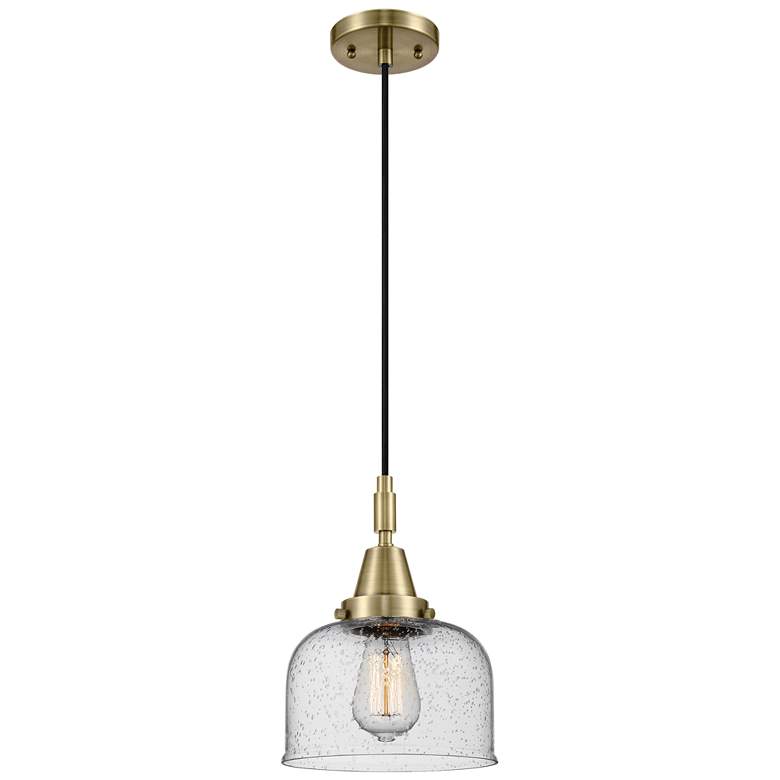 Image 1 Downtown Caden Bell 8"W Cord Antique Brass Mini Pendant w/ Seedy Shade