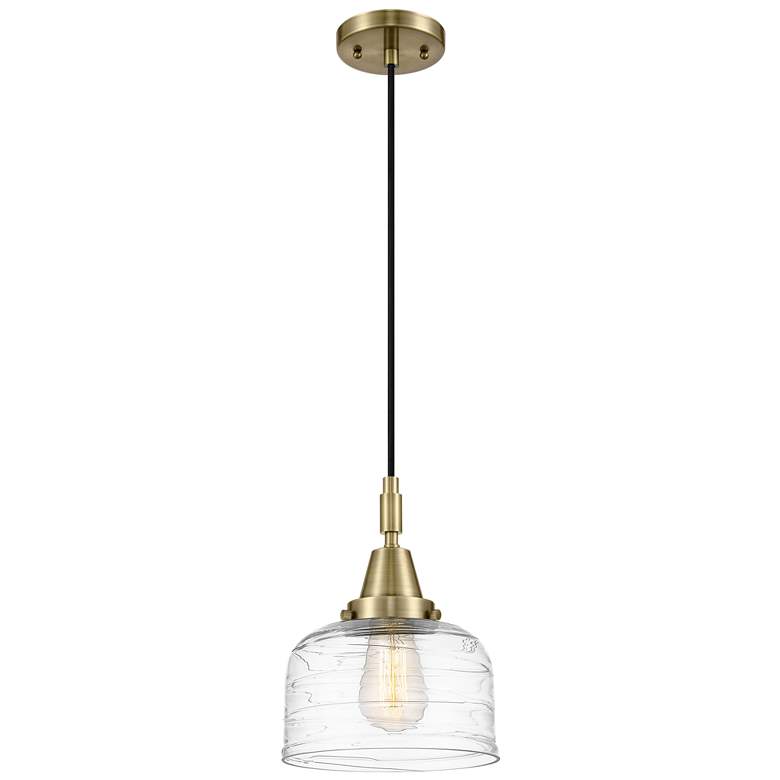 Image 1 Downtown Caden Bell 8"W Cord Antique Brass Pendant w/ Clear Swirl Shade