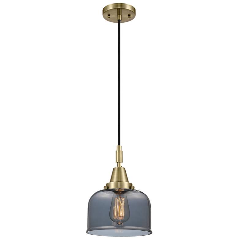 Image 1 Downtown Caden Bell 8"W Cord Antique Brass Pendant w/ Light Smoke Shade