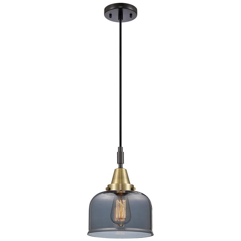 Image 1 Downtown Caden Bell 8"W Cord Black Brass Pendant w/ Light Smoke Shade