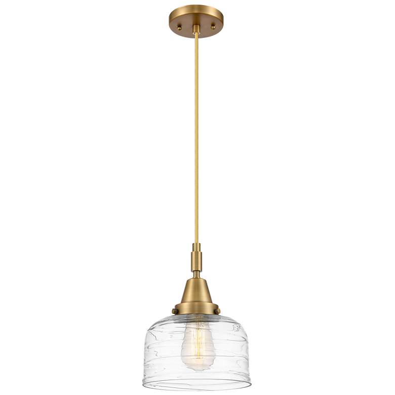 Image 1 Downtown Caden Bell 8"W Cord Brass Mini Pendant w/ Clear Swirl Shade