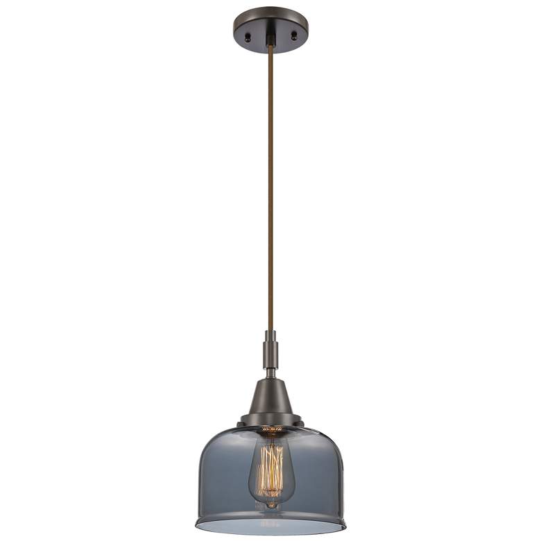 Image 1 Downtown Caden Bell 8"W Cord Oiled Bronze Pendant w/ Light Smoke Shade