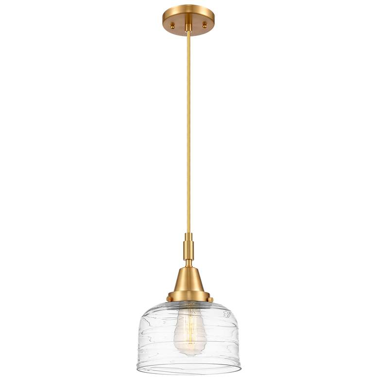 Image 1 Downtown Caden Bell 8"W Cord Satin Gold Pendant w/ Clear Swirl Shade