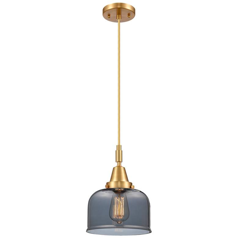 Image 1 Downtown Caden Bell 8"W Cord Satin Gold Pendant w/ Light Smoke Shade